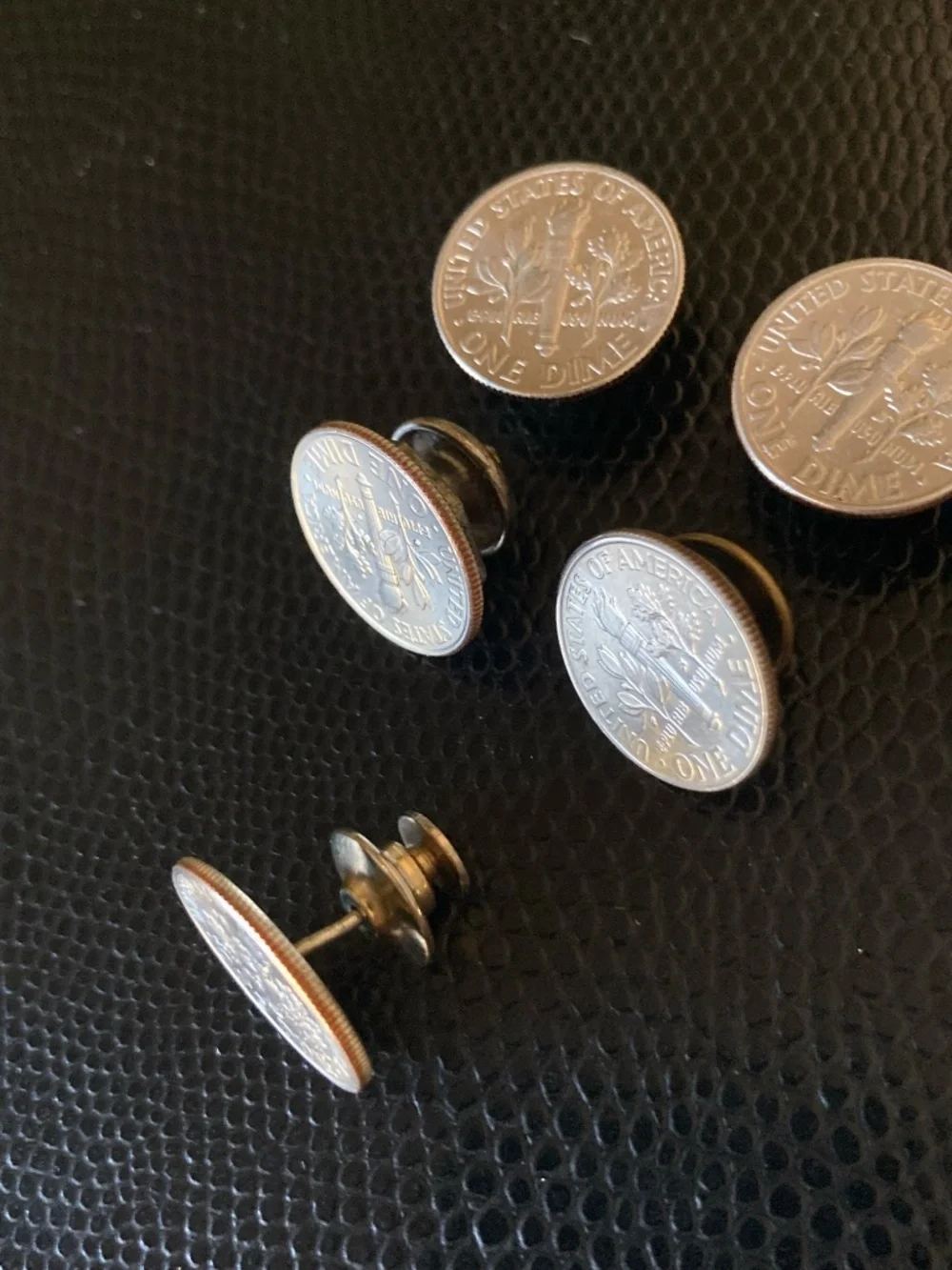 Handcrafted Coin Cufflinks & Stud Set–Roosevelt Dime–Vintage Snap Link Hardware.